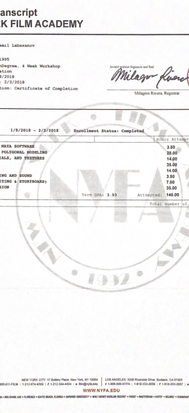 Сертификат NYFA Лабазанов Шамиль Сертификат NYFA Лабазанов Шамиль